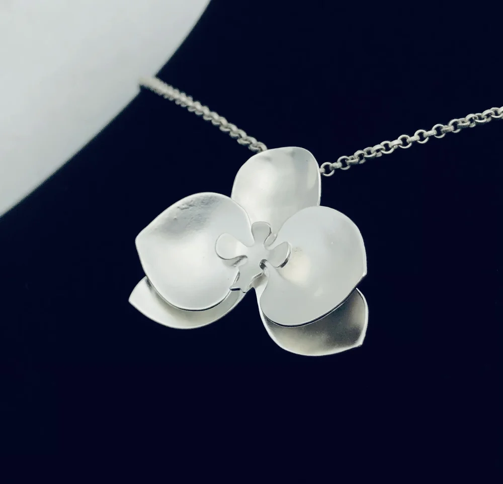 Hand Fabricated Silver Orchid Pendant (Smooth Version